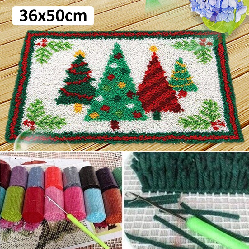 Christmas Tree Latch Hook Rug Kit Pre-stamped Canvas Latch Hook Needle Yarn DIY Xmas Cushion Mat Embroidery Crochet Tapestry
