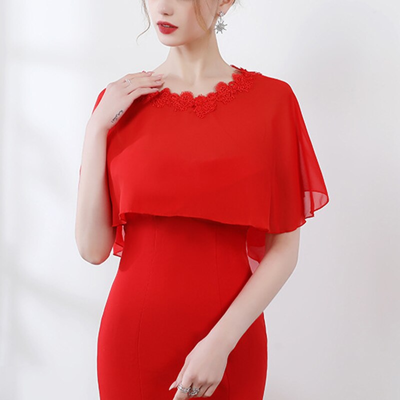 Cape en mousseline de soie pour femmes, châle doux et léger pour mariée, col rond, longue tenue de soirée: Red