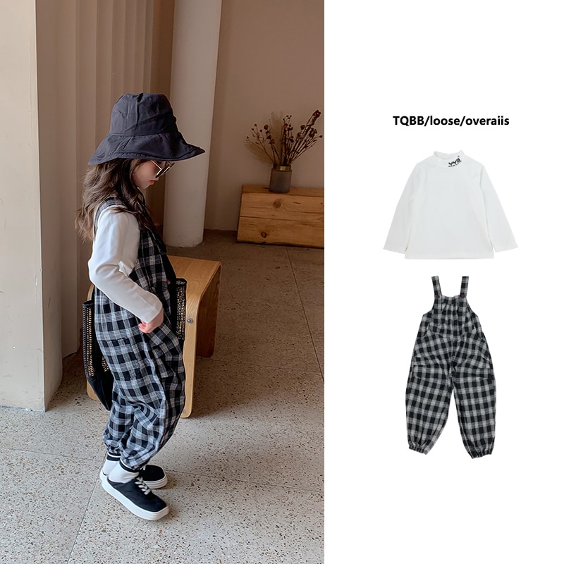 Kids Overall Solid T Shirts Autumn Plaid Trousers Girls Cardigan Undershit Top Korean Baby Clothes Toddler Overalls