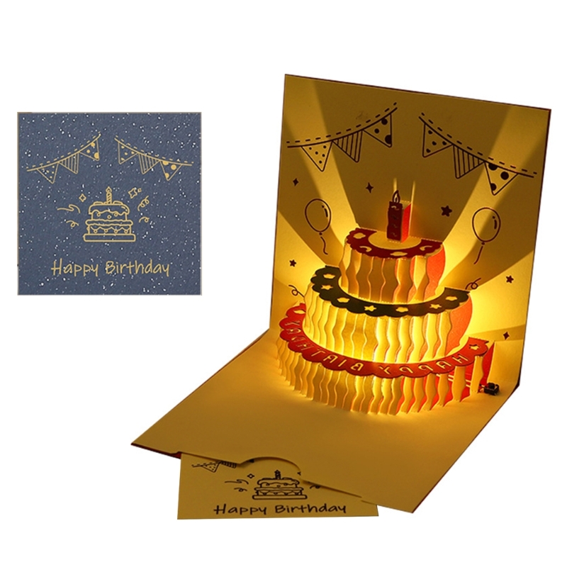3D Birthday Cake Cards with Music Light Happy Birthday Pop-Up Greeting Postcards with Envelope Invitations For Kid Girl: Blue