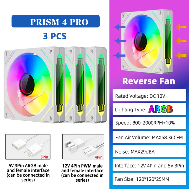 ICE Whale Prism 4 PRO 3PCS PC Case Fan 120mm ARGB Espelho Cíclico Efeito de Luz PWM 800-1800RPM CPU Cooler ventilador