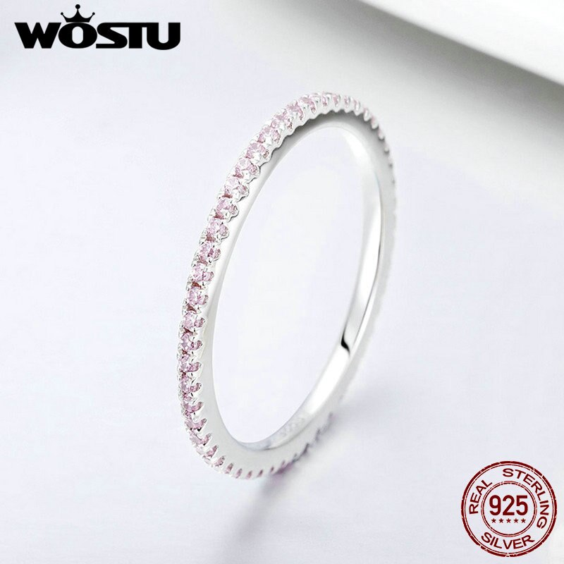 WOSTU Genuine 100% 925 Sterling Silver Glitter Zircon Wedding Rings Round Stackable Finger For Women Engagement Jewelry FIR066