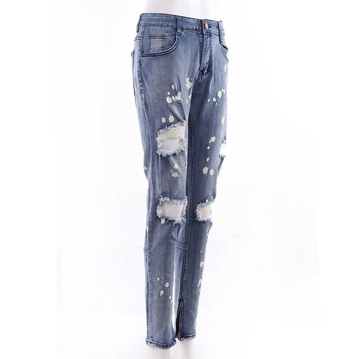 Pantalones vaqueros desgastados con de lunares para hombre, Vaqueros ajustados con agujeros de rodilla, Pantolon