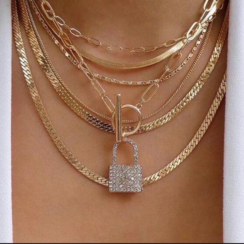 Exknl Gelaagde Crystal Lock Collier Meisjes Leuke Ketting Set Claviclel Kettingen Vrouwen Vrouwelijke Mode Choker Hals Sieraden