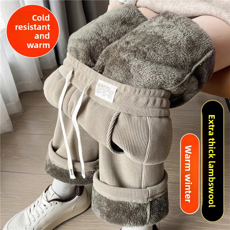 Pantalones de pierna ancha de lana gruesa para mujer, pantalones de algodón de corte recto, pantalones largos cálidos y cómodos a la para otoño e invierno