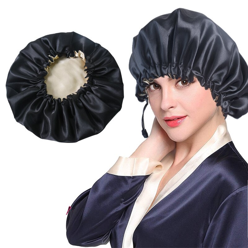 Hair Salon Elastic Thicken Double Layer Night Cap Adjustable Women's Oiled Shower Soft Silk Bath Hat Satin Bonnet Logo Printing: Black