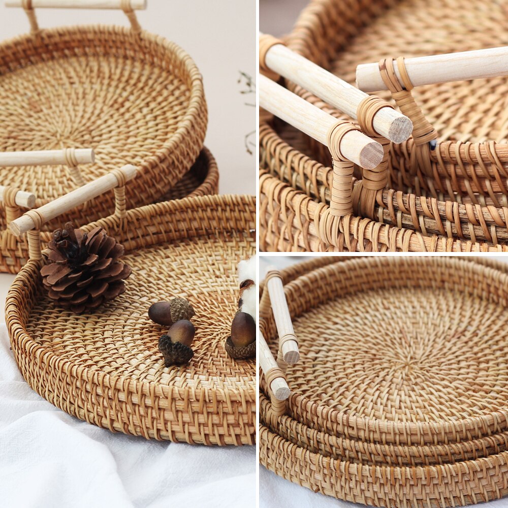 Ronde Rotan Lade Brood Mand Fruit Taart Plaat Dienblad Houten Storag Servies Rieten Trays Met Handvat Decoratie