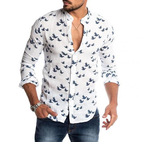 ¡Novedad! Camisas con estampado de patos informales a la para hombre, botón de otoño, cuello de corte coreano, manga larga, Negocio Social masculino: Blanco / XL
