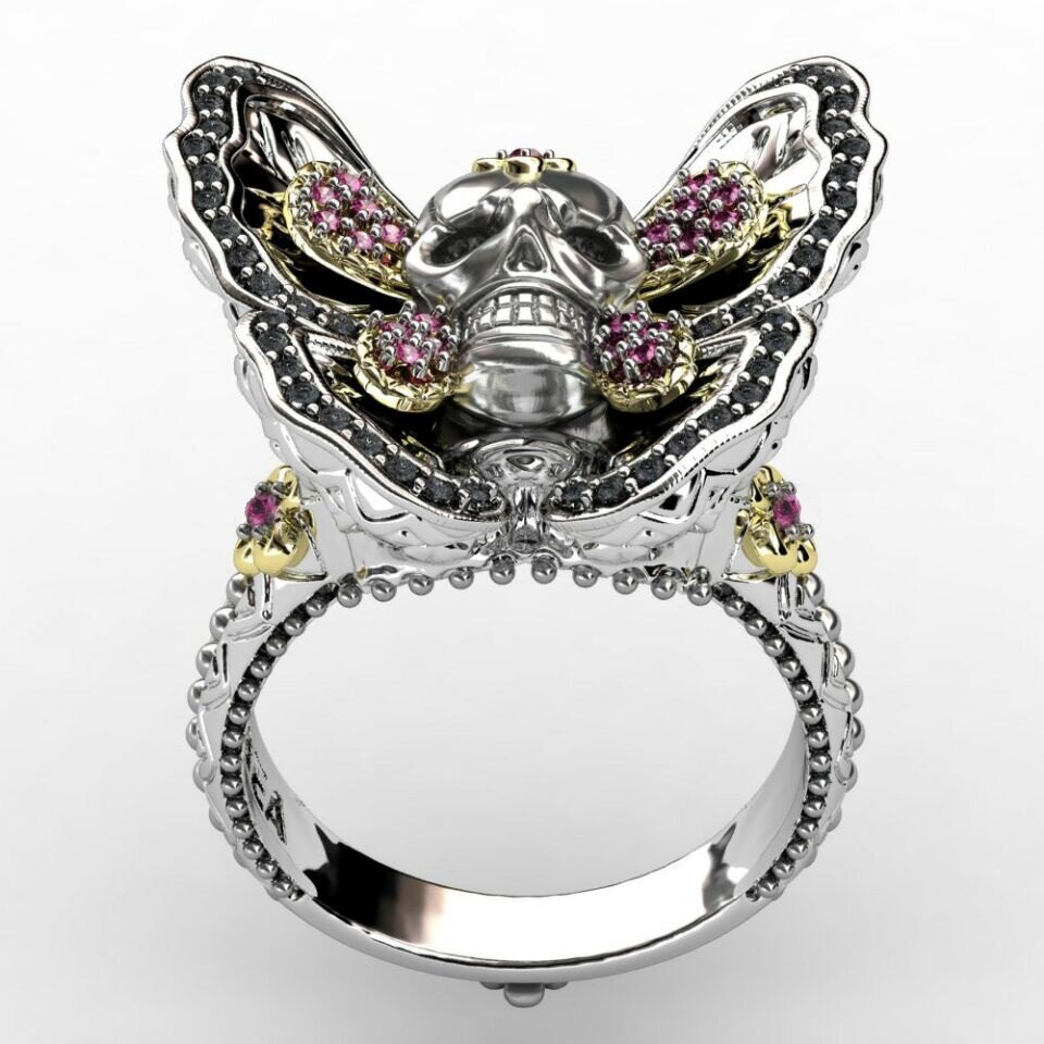 ERLUER Gothic Schedel Punk Stijl Ringen Verzilverd Butterfly Crystal Zirkoon Voor Vrouwen Meisjes Mode-sieraden Hip-Hop Ring