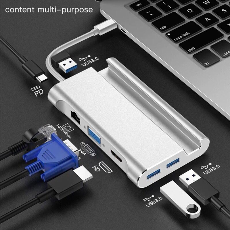 Dex Station Type C Hdmi-Compatibel Adapter Usb 3.0 Vga RJ45 Usb Hub Voor Laptop Macbook Asus Samsung Dock station: 7 in 1 Silver