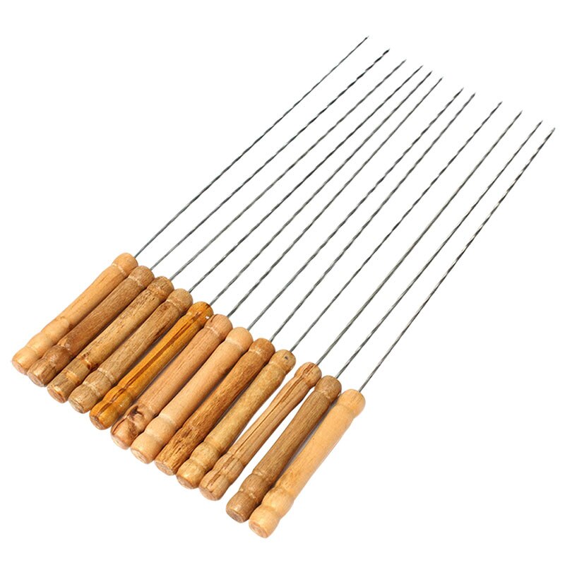 12 stk/sæt bbq grill kødspyd pinde træhåndtag værktøj nål bbq fårekød tilbehør tilbehør stål skæv  c1 v 3