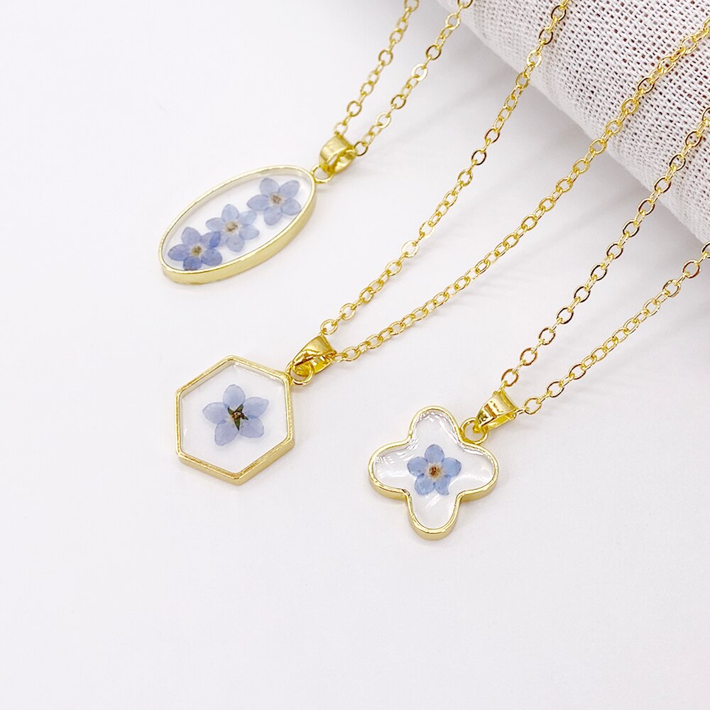 dimenticare me non Pendenti E Ciondoli Del Pendente Della Collana di Fiori Secchi Reale asciutto Fiori Boho dell'oro Della Catena Della Collana per Le Donne del Regalo Della Ragazza Gioelleria Raffinata E Alla Moda