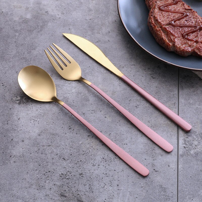 Couverts occidentaux en acier inoxydable vaisselle cuillère fourchette couteau pour Spaghetti Steak salade nourriture photographie tir ornement accessoires: Gold Pink  3pcs