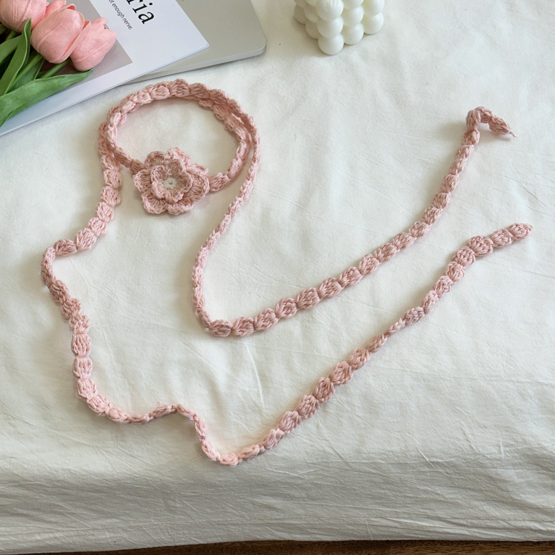 Bufanda fina de flores tejida hecha a mano informal de estilo coreano nueva decoración de forma cóncava femenina bufanda estrecha bufanda larga de estilo de chica: Gris