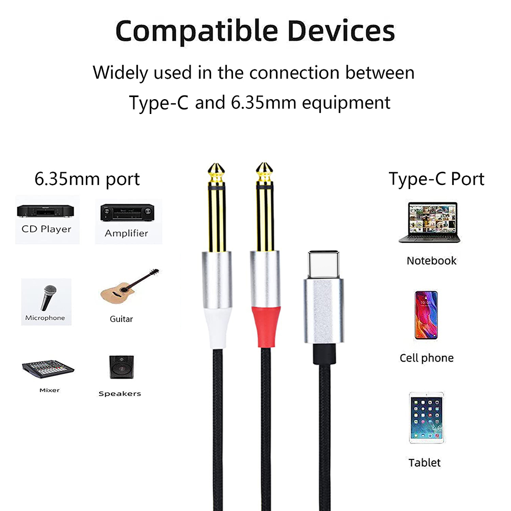 Cable adaptador USB C a 6,35mm 1/4 pulgadas, divisor Y tipo C a doble Cable de Audio TS de 6,35mm y 1/4 pulgadas para tableta, portátil, amplificador de teléfono