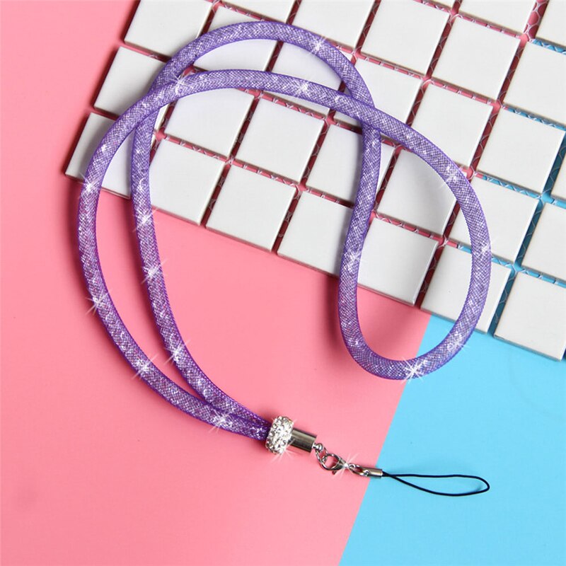 Cordão de cristal para apoio de pescoço, cordão multifuncional para telefone celular, suporte para teclas, cartão de identificação, academia, diamante menina/mulheres: purple