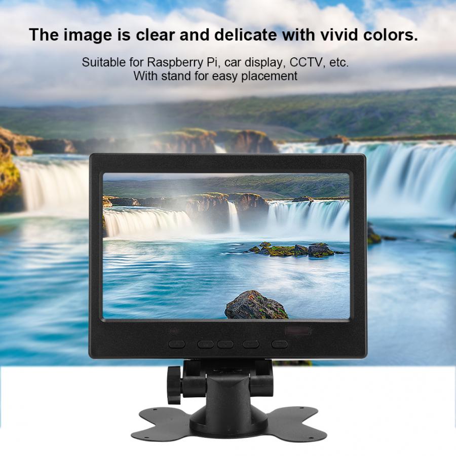 7 Inch Multi-function Monitor 800:1 1024x600 16:9 Display with Stand Support HDMI/VGA/AV Input (100-240V) with Power Adapter