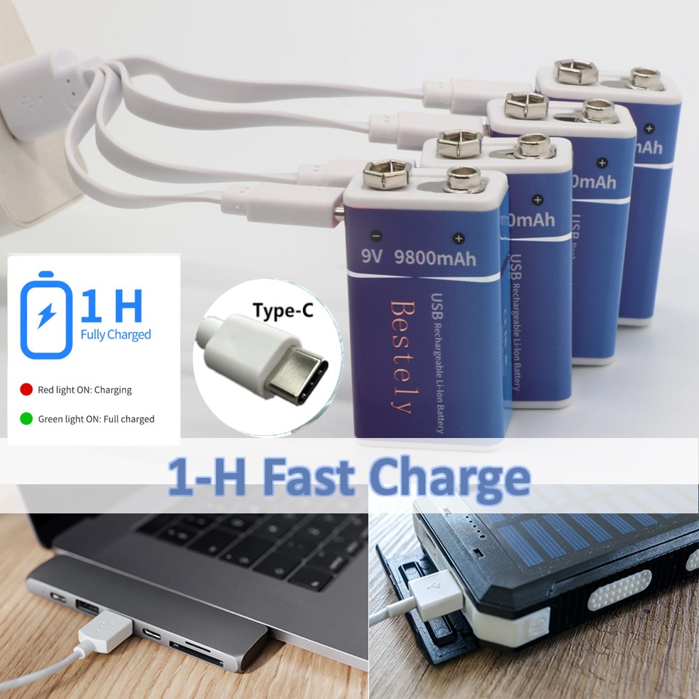 Baterías recargables estándar de 9 voltios, batería de litio tipo C de 9 V de gran capacidad de 9800 mAh, batería de autodescarga baja precargada