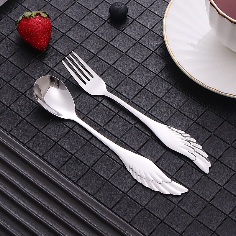 16Cm Creatieve Wings Rvs Lepel Vork Hotel Restaurant Titanium Plated Lepel Vork Bestek Vorken En Lepel Set: silver