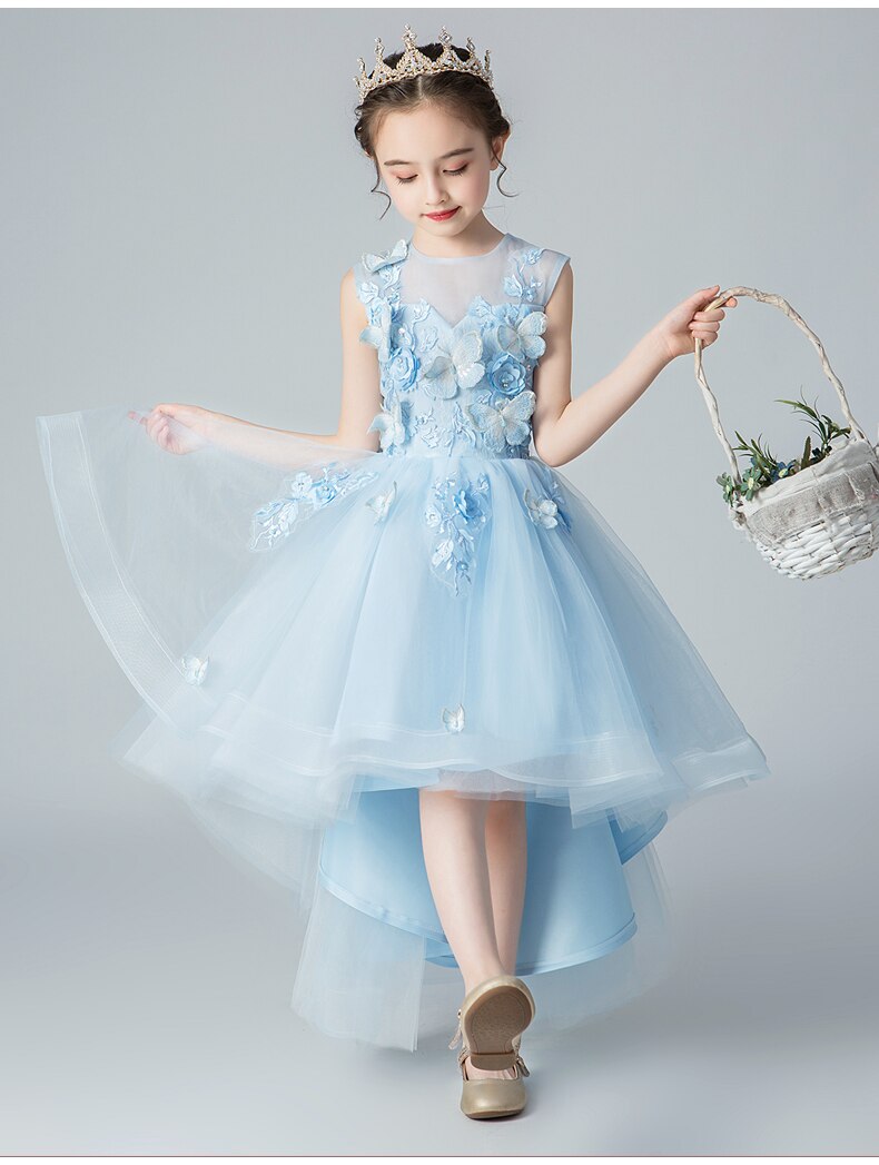 Cielo azul tul niñas apliques vestido de flor niña vestido para boda niños traje de desfile princesa vestidos de primera comunión