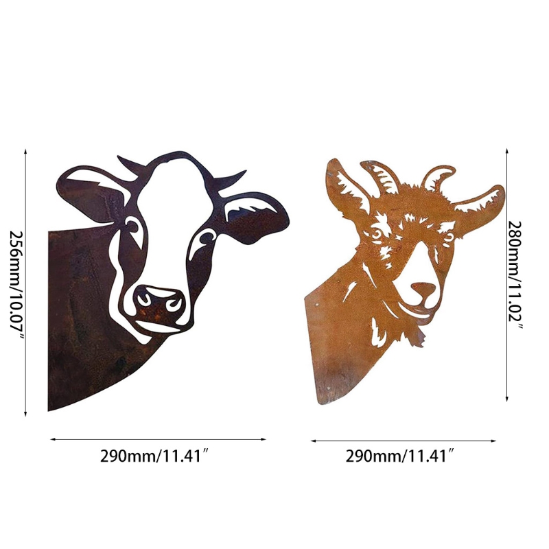 Peeking Cow Goat Animal Metal Art Wall Decoration Cute Farmhouse Carved Silhouette Hollow Out Statue Outdoor Indoor Farm Garden