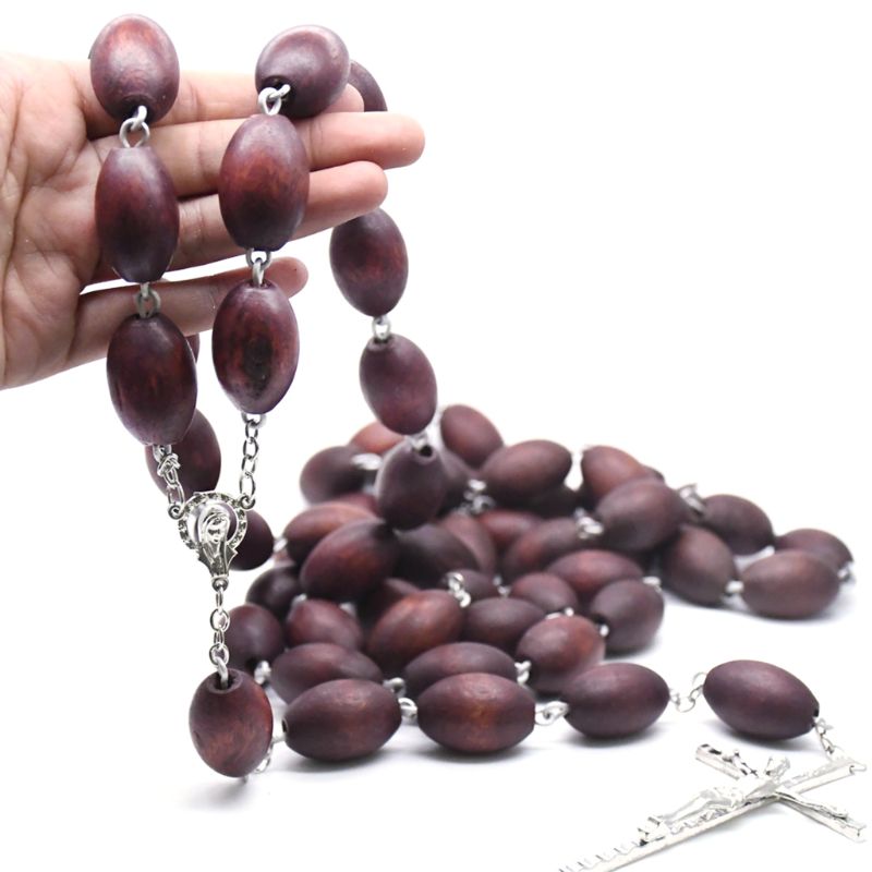 Handgemaakte Houten Kraal Katholieke Muur Decoratie Rozenkrans Kruis Religieuze Ketting Jesus Christian Sieraden Charm