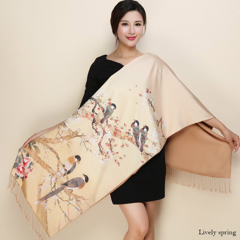 hiver Double côtés cachemire écharpe femmes long Pashmina Tippet femelle châles et Wrap Foulard femme floral foulards en soie: 10