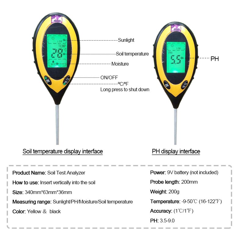 Probador de nutrientes del suelo medidor de PH del suelo medidor de humedad medidor de intensidad de la luz del sol Medición de la acidez del suelo agrícola