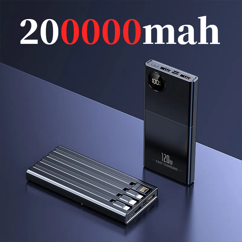 ONEPLUS 200000mAh Power Bank 120W Super Fast Charge Portable Charger Built in Cables LED Digital Display For iPhone Xiaomi IOS: Silver