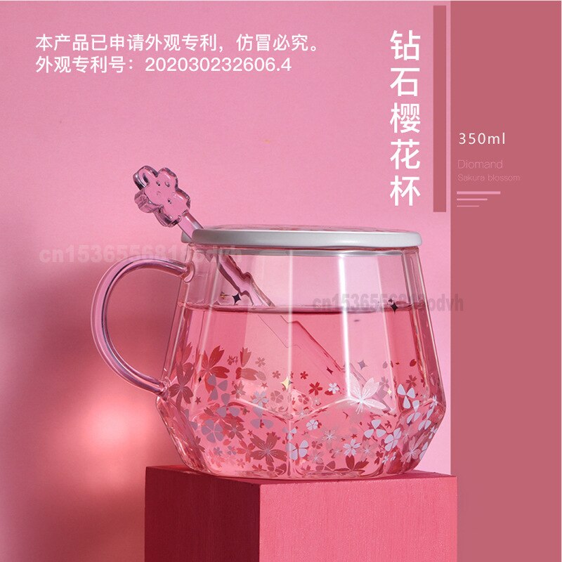 Sakura diamantkopp glas vattenkopp med handl rosa söt omrörningskopp kaffe klart glas