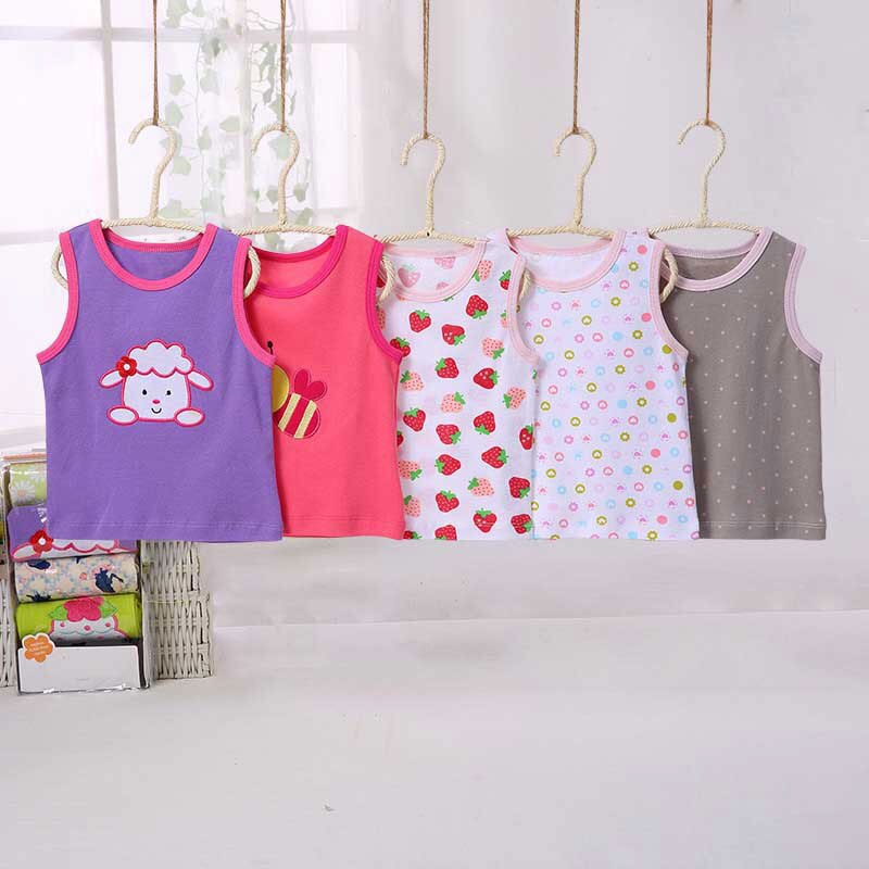 [5 Stks/partij Willekeurige Kleur] Baby Meisje Tops Cartoon Print Baby Meisjes Vest T-shirt Katoen Mouwloos Pasgeboren Jongen t-shirt Zomer Vest