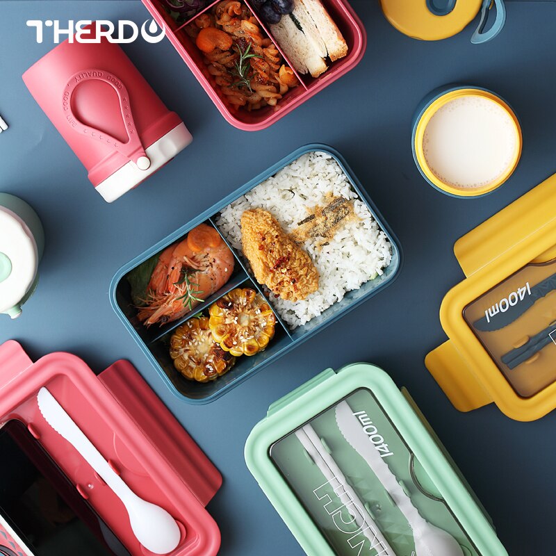 Grid Microwave Lunch Box Portable Japan Compartment Bento Box Simple Style Fruit Salad Container Storage For Kids With Tableware