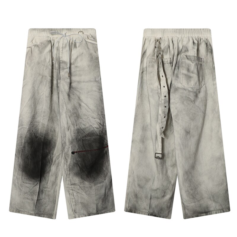 Mænd vintage graffiti printet denim bukser elastisk talje løse lige jeans bukser hip hop streetwear casual joggers jean bukser: Beige / L
