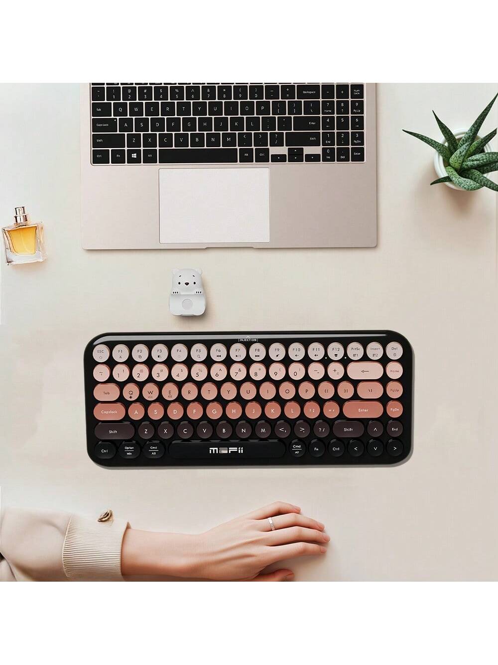 Teclado inalámbrico Bluetooth + USB, 84 teclas, teclas redondas Retro, teclado inalámbrico de oso bonito para Windows/Android/iOS-Black Pi