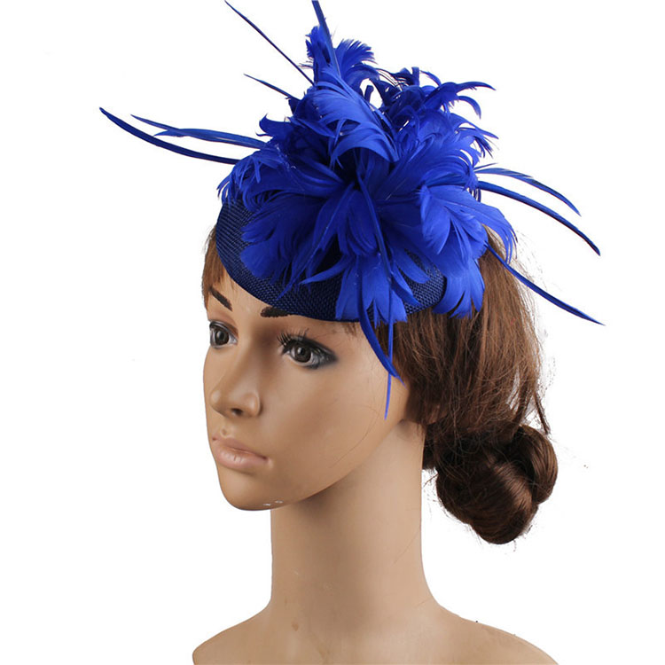 Fs Vrouwen Hoeden Vlas Wit Tovenaar Hoed Voor Bruiloft Cocktail Elegante Vrouwelijke Britse Dame Kerk Veer Hoeden Derby Fedora: Jewelry Blue