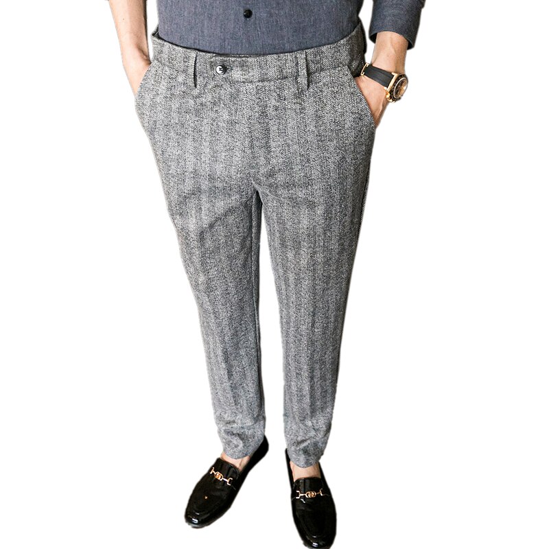 Vinter herre ullbukser grå casual slipte bukser størrelse 28-36 slim dressbukse for menn
