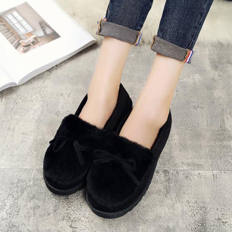 Vinter platå skor kvinnor utomhus hem tofflor kvinnlig vinter päls rutschbanor hus sandaler fuzzy tofflor dam söta rosett loafers
