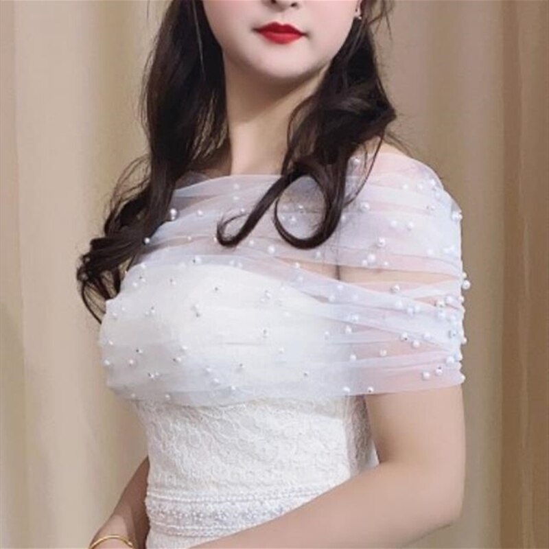 Sheer Bolero Jacket Pearl Beaded Shawl Ruched Wedding Wrap Women Shrug Lace Up Back