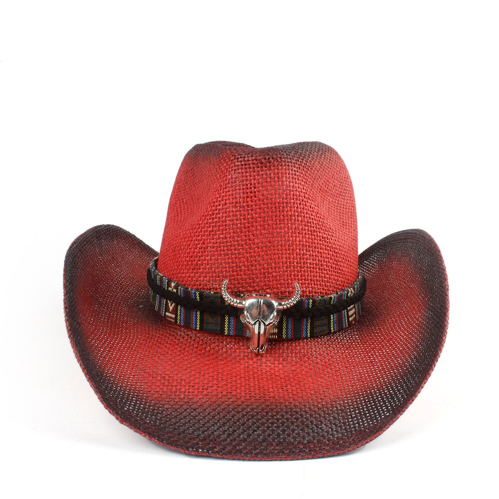 Kvinder mænd strå hul western cowboy hat dame rød bohemia kvast sombrero hombre beach cowgirl jazz solhat str. 58cm: Rød ntou