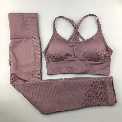 Sømløs yogasæt kvinder fitness tøj sportstøj kvinde gym leggings polstret push-up strappy sports-bh 2 stk sportsdragter: Brun / S