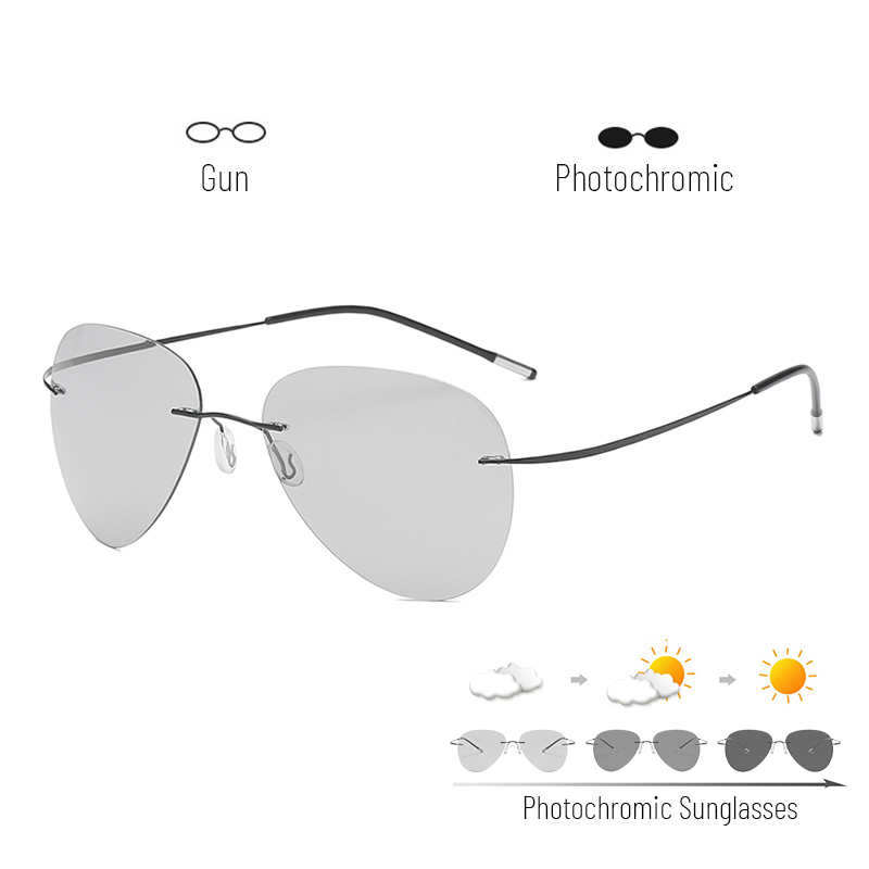 Titanium Rimless Photochromic Sunglasses Men Polarized Driving Ultralight Pilot Sun Glasses for Outdoor Fishing UV400: C1nonfoldingtempl / blacktemple