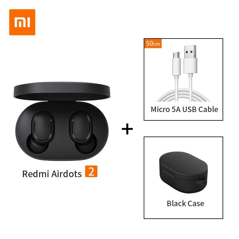 100% Original Xiaomi Redmi Airdots 2 Earbuds AI Control Stereo Bass with Mic Handsfree TWS Wireless Bluetooth 5.0 Earphone: add cable black case