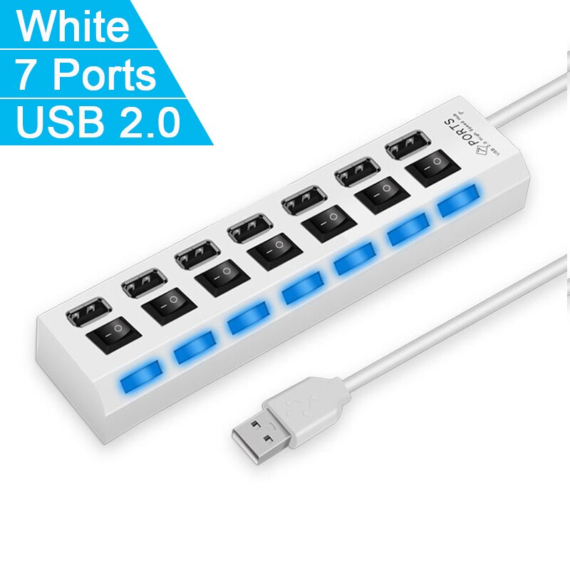 USB Hub 7 Ports High Speed USB 2.0 Hab Adapter Hub USB Splitter Extender For PC Laptop Computer: White