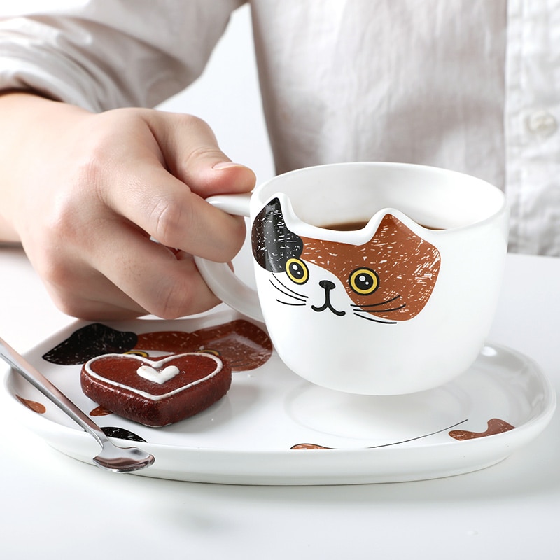 Cute Cat Ceramics Coffee Mug Set Handgrip Animal Mugs With Tray Drinkware Coffee Tea Cups Novelty Milk Cup Breakfast