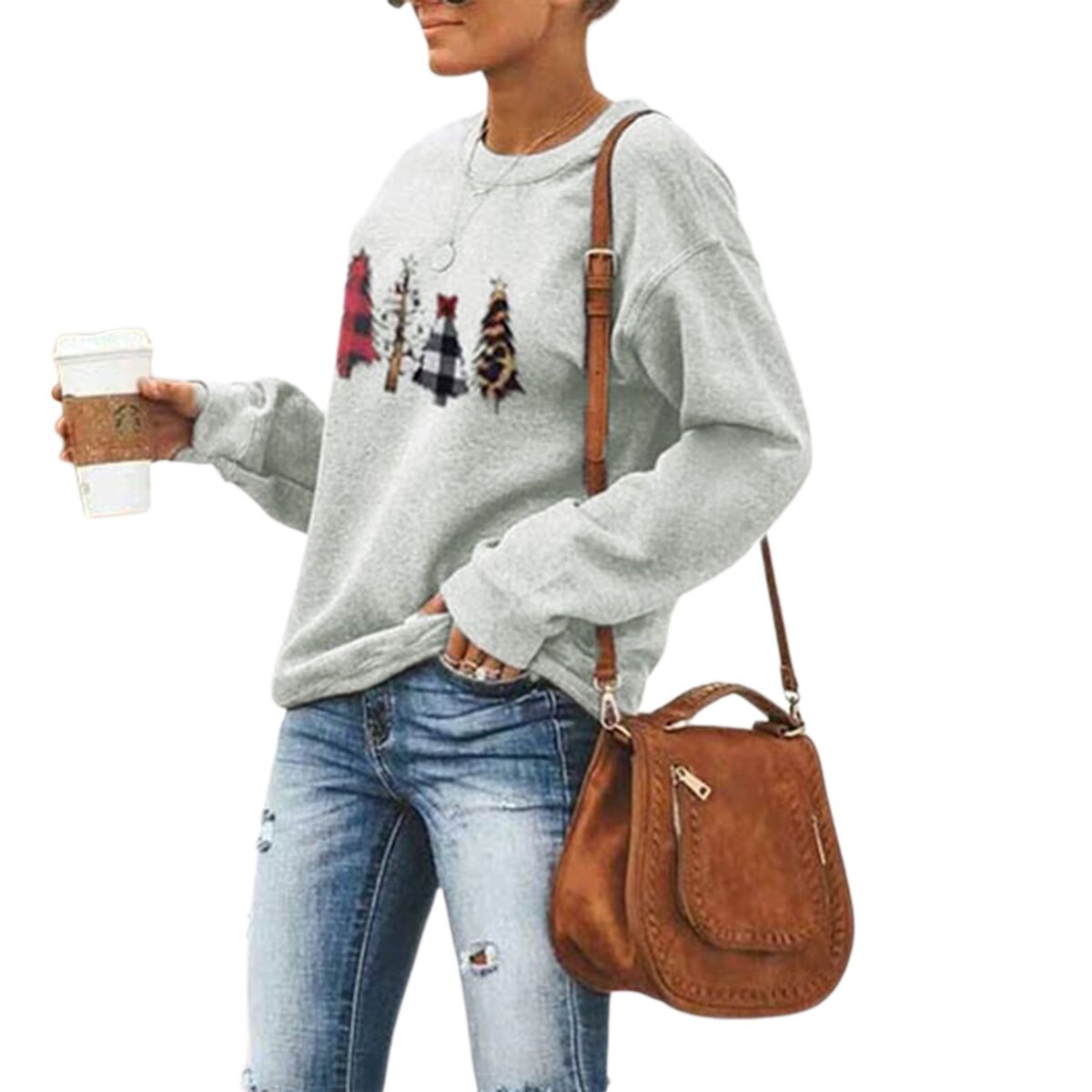 Women Christmas Trees Print Running T-Shirts Round Neck Long Sleeve Sportwear Casual Breathable Tracksuit For Fitness Yoga Gym