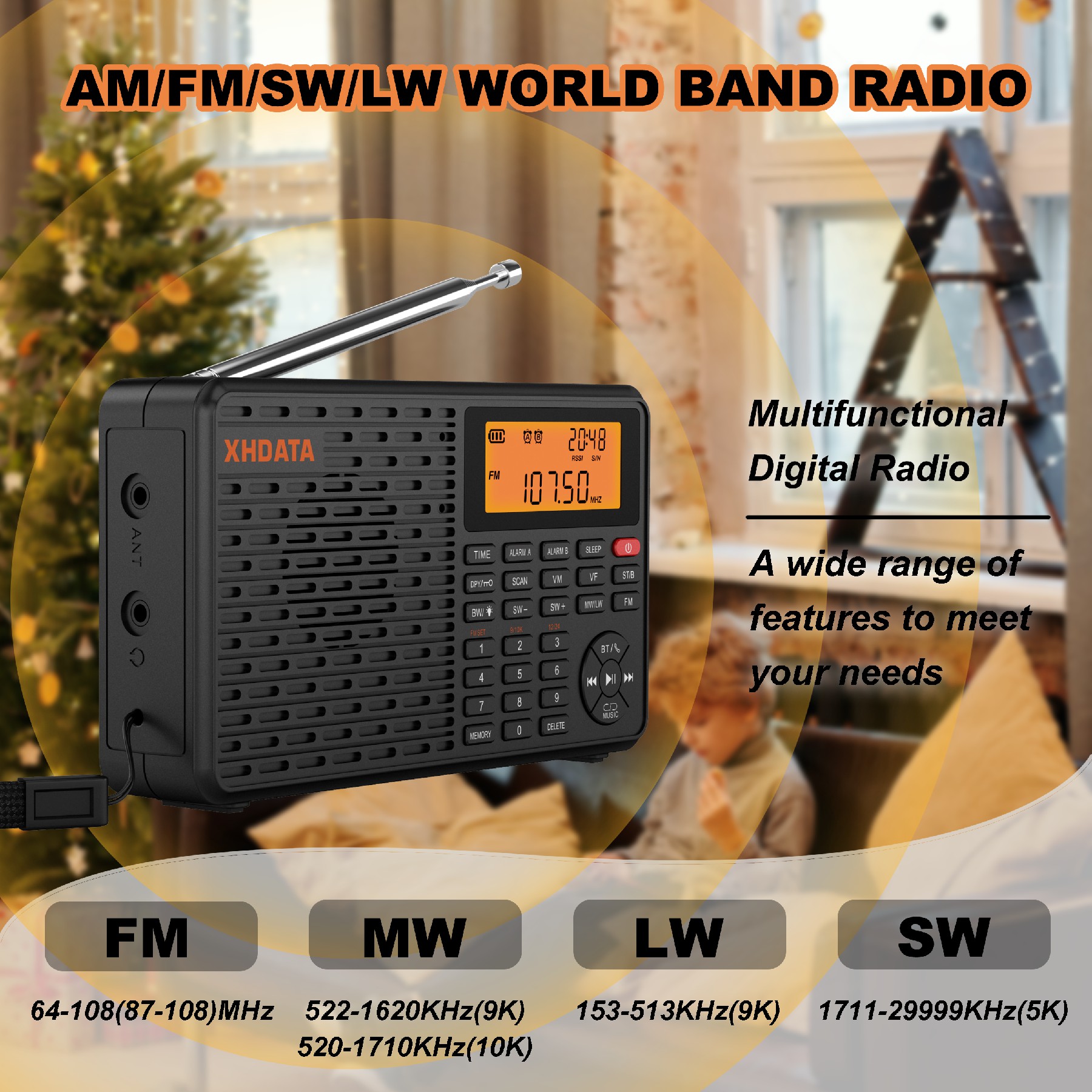 XHDATA D-109 Radio portátil Digital estéreo AM SW MW Radio FM Compatible con Bluetooth Radio multifuncional compatible con reproductor de tarjetas TF