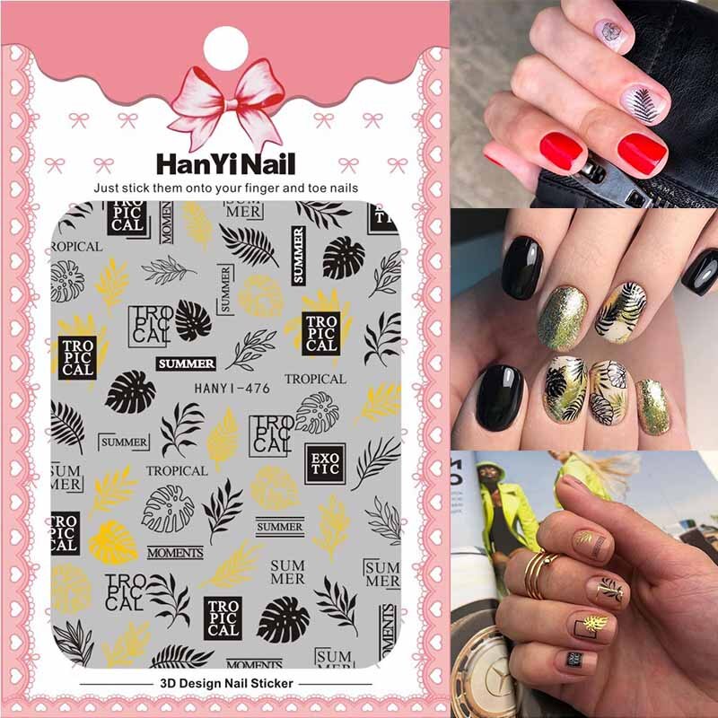 3D Nail Art Sticker Voor Manicure Decoratie Zwart Goud Kleuren Geometrische Lijnen Bladeren Ultra Dunne Slider Nail Lijm HY004: 476