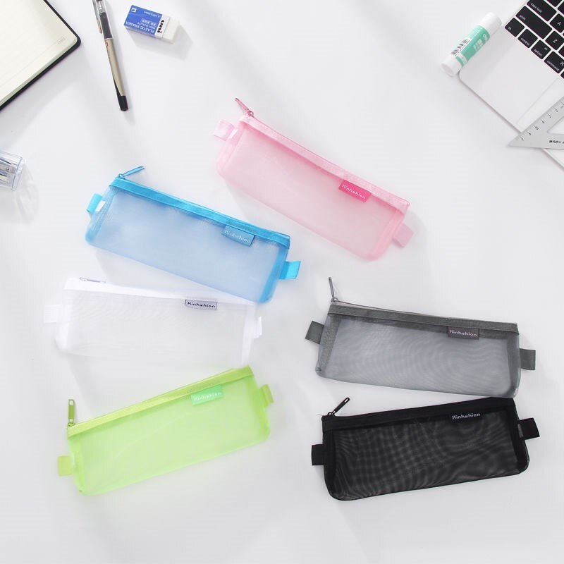 1pcs Simple Transparent Mesh Pencil Case School Supplies Colour Pen Box Office Student Pencil Cases Nylon