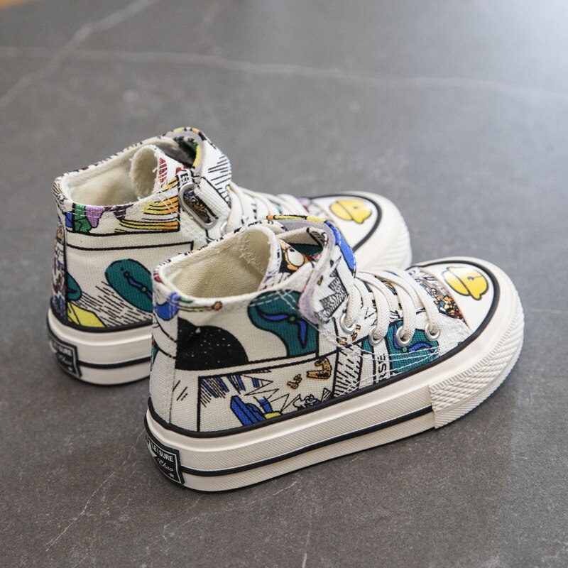 Kinderen Mid Top Canvas Schoenen Meisjes En Jongens Hoge Hak Schoenen Klittenband Kinderen Graffiti Sneakers Voor Tieners