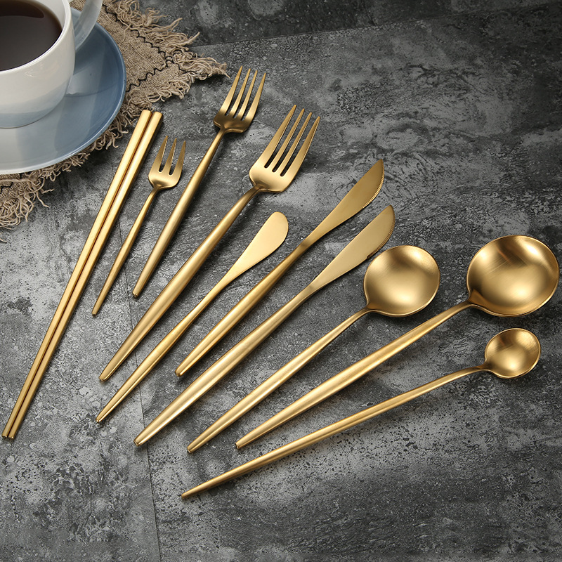 304 roestvrijstalen gouden besteksets, dinervork, mes, lepel, eetstokjes, serviesset, zilverwerk, servies